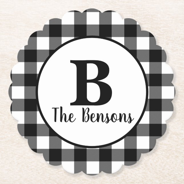 Classic Black and White Monogram Paper Coaster (Front)