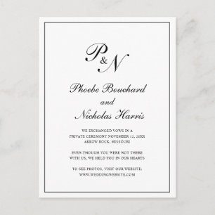 Classic Black and White Monogram Wedding Elopement Announcement Postcard