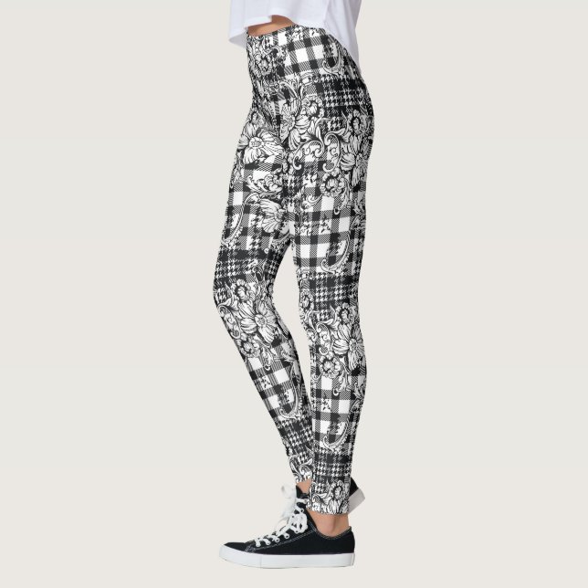 Classic Black and White Ornaments Houndstooth  Leggings (Left)