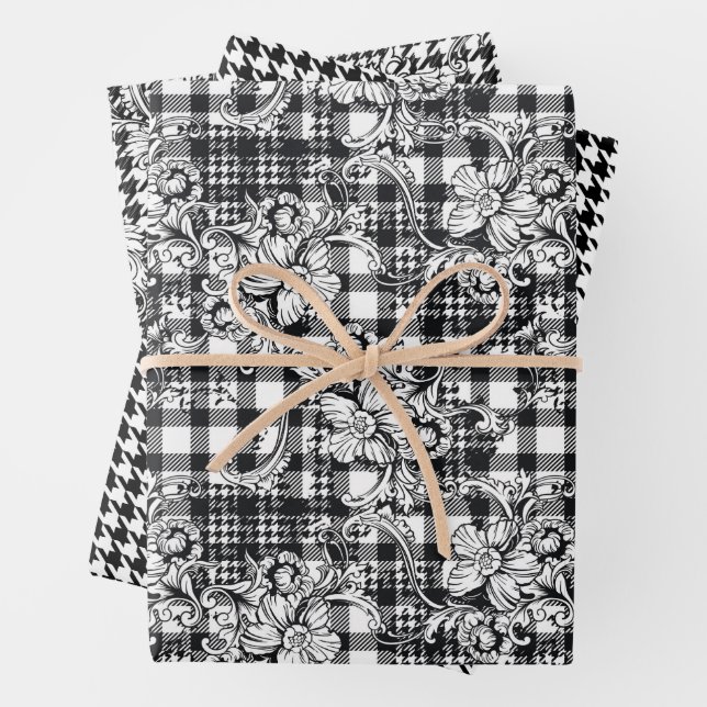 Classic Black and White Ornaments Houndstooth  Wrapping Paper Sheet (In situ)