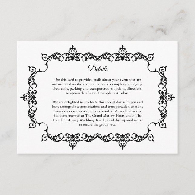 Classic  Black and White Ornately Framed Wedding Enclosure Card (Front)