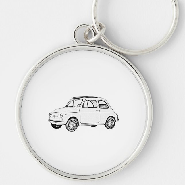 Classic Black and White Pencil Drawing Fiat 500 Key Ring (Front)