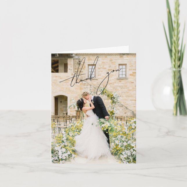 Classic Black and White Photo Elegant Wedding Thank You Card (Front)