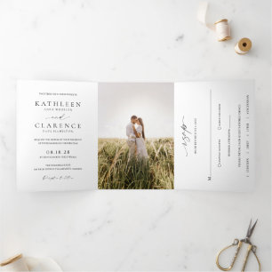 Classic Black and White Photo Elegant Wedding Tri-Fold Invitation