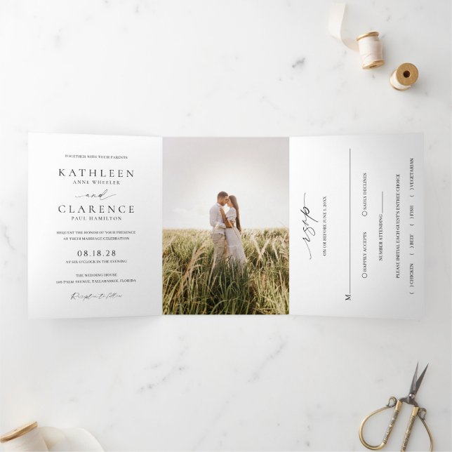 Classic Black and White Photo Elegant Wedding Tri-Fold Invitation (Inside)
