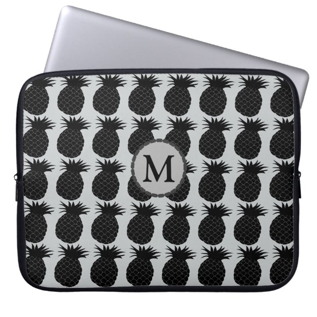 Classic Black and White Pineapple Pattern Monogram Laptop Sleeve (Front)