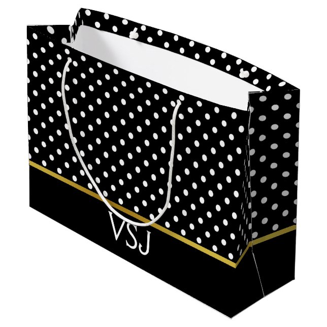 Classic Black and White Polka Dot and Monogram Large Gift Bag (Back Angled)