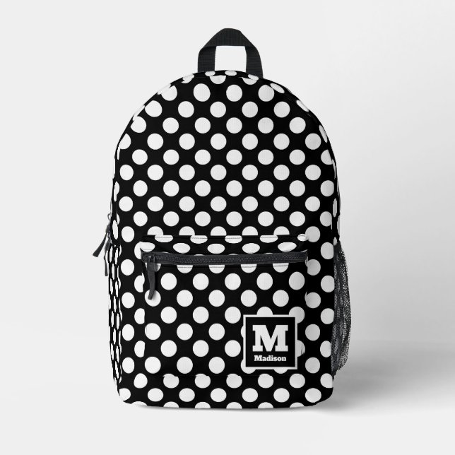 Classic Black and White Polka Dots Monogram Name Printed Backpack (Front)