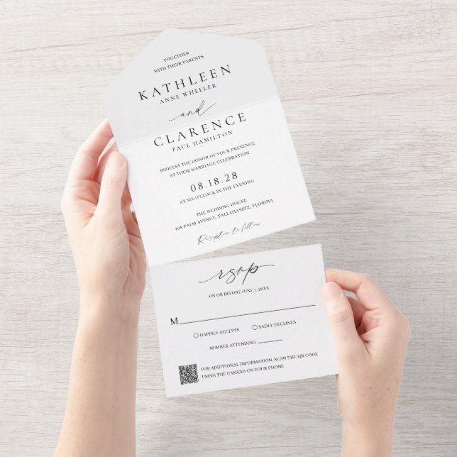 Classic Black and White QR Code Elegant Wedding All In One Invitation (Tearaway)