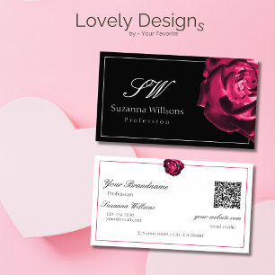 Classic Black and White Red Rose Initials QR Code Business Card