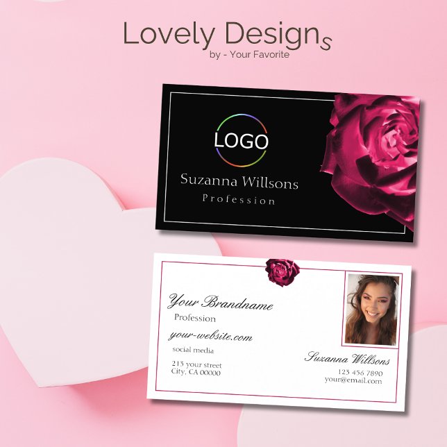Classic Black and White Red Rose with Logo Photo Business Card (Creator Uploaded)