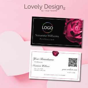Classic Black and White Red Rose with Logo QR Code Business Card