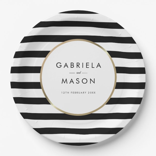 Classic Black and White Stripe Gold Wedding Paper Plate (Front)