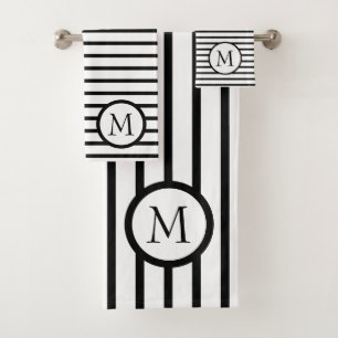 Classic Black and White Stripe Monogram Bath Towel Set