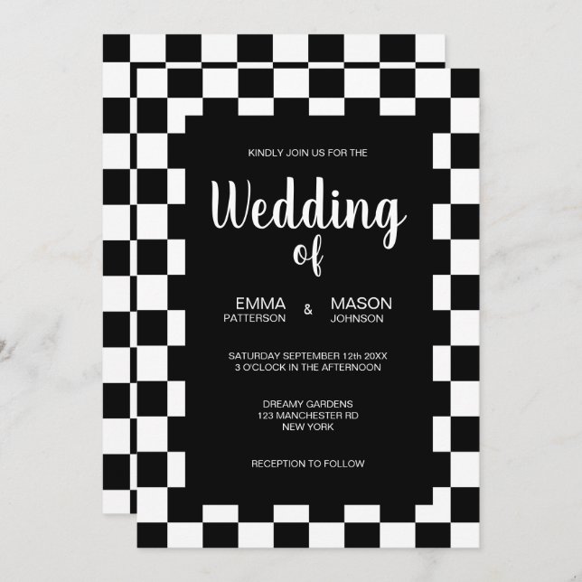 Classic Black and White Tiles Frame Invitation (Front/Back)