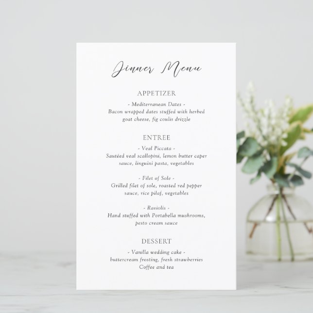 Classic Black and White Timeless Wedding Menu (Standing Front)
