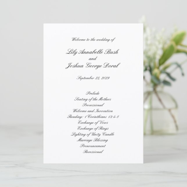 Classic Black and White Timeless Wedding Program (Standing Front)