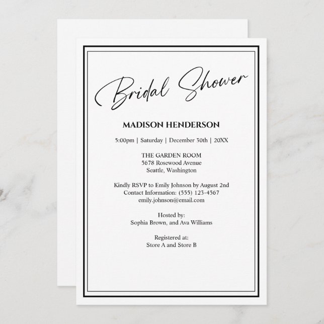 Classic Black and White Wedding Bridal Shower Invitation (Front/Back)