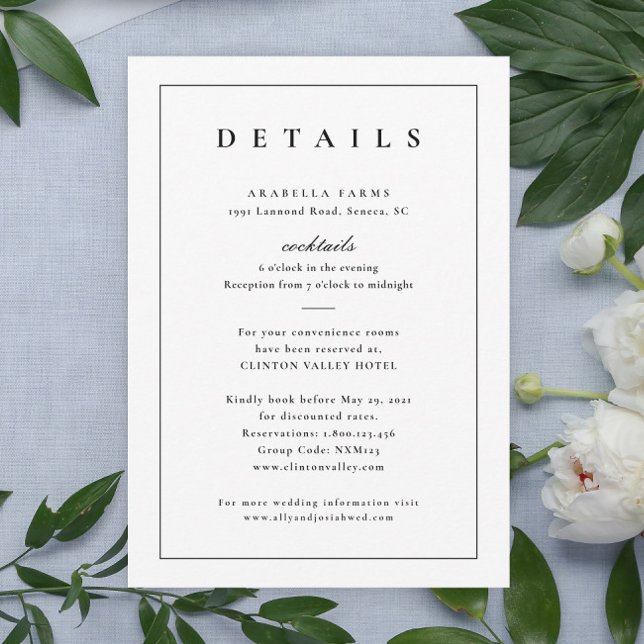 Classic Black and White Wedding Details Enclosure (Simple Typographic Wedding Invitation Details Enclosure Card.)