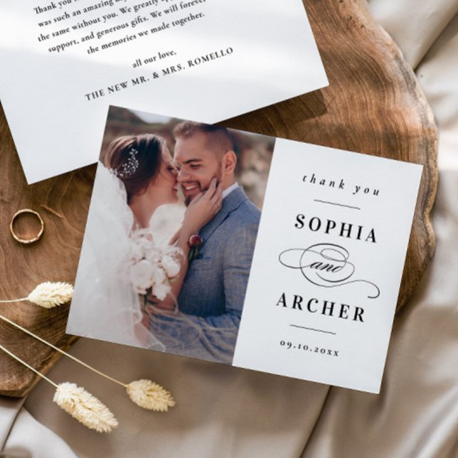 Classic Black and White Wedding Photo Thank You Card (Elegant Black and White Type Photo Wedding Thank You Card.)