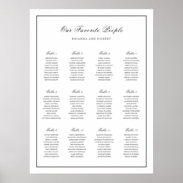 Classic Black and White Wedding Seating Chart (Front)