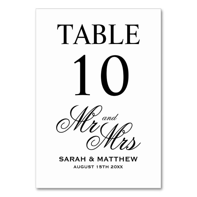 Classic black and white wedding table number cards (Front)