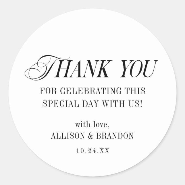 Classic Black and White Wedding Thank You Round Sticker (Front)
