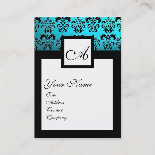CLASSIC BLACK AQUA BLUE DAMASK SQUARE MONOGRAM BUSINESS CARD (Front)
