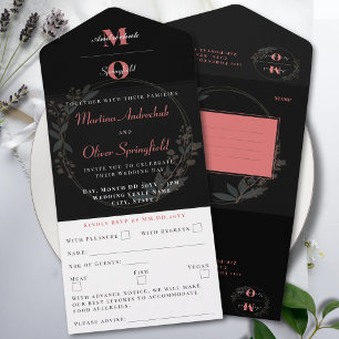 Classic Black Blush Floral Wedding All In One Invitation
