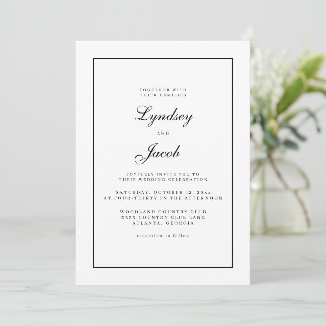 Classic Black Border and White Elegant Wedding  Invitation (Standing Front)