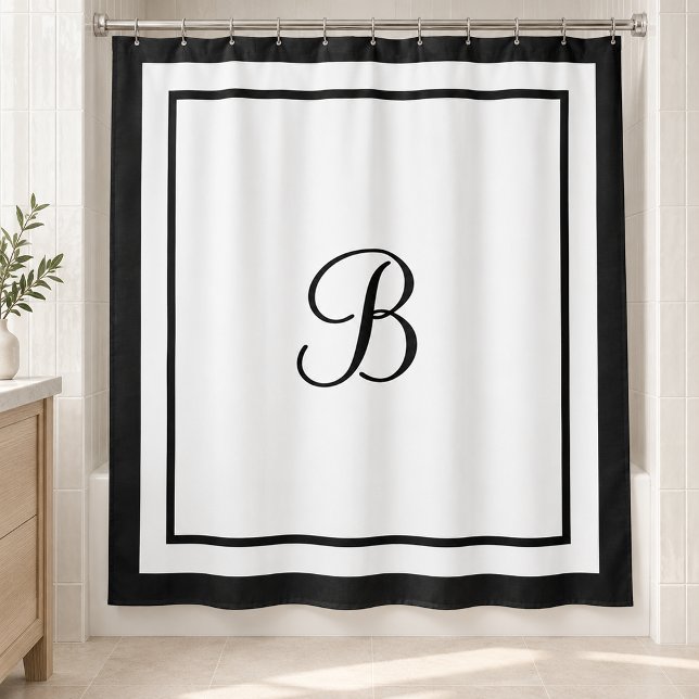 Classic Black Border Script Monogram Letter Shower Curtain (Creator Uploaded)