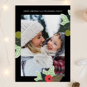 Classic Black Botanical Frame Two Photo Christmas Holiday Card