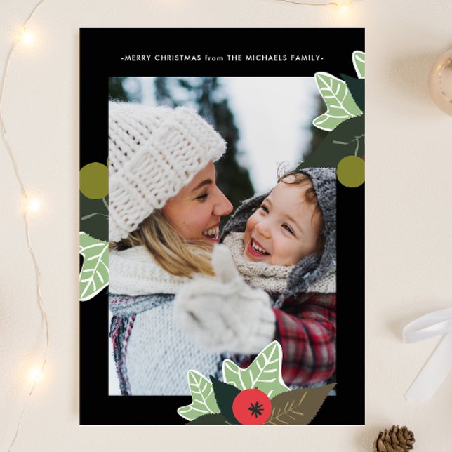 Classic Black Botanical Frame Two Photo Christmas Holiday Card (Creator Uploaded)
