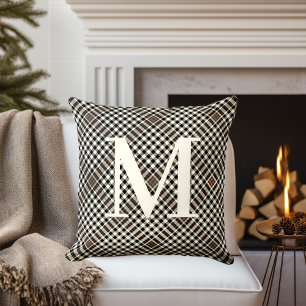 Classic Black Brown Tartan Pattern with Monogram Cushion