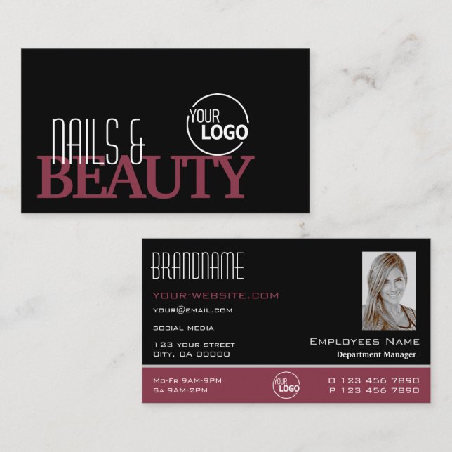 Classic Black Burgundy with Logo and Photo Stylish Business Card (Front/Back)