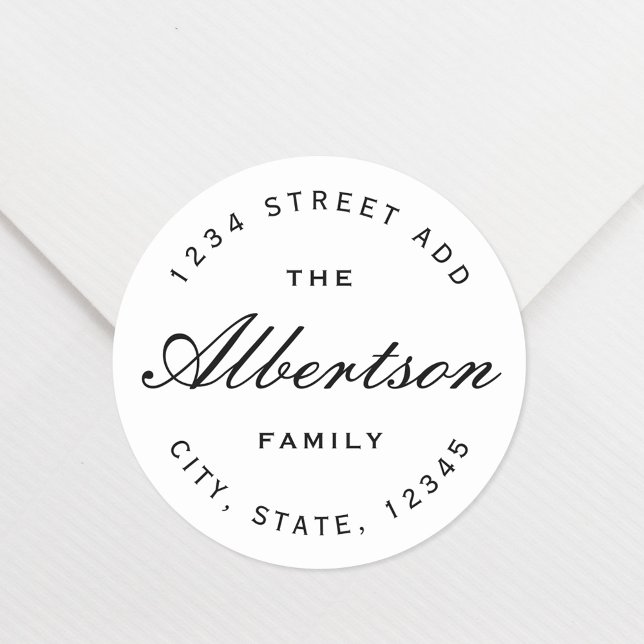 Classic Black Calligraphy Family Name Address Classic Round Sticker (Creator Uploaded)