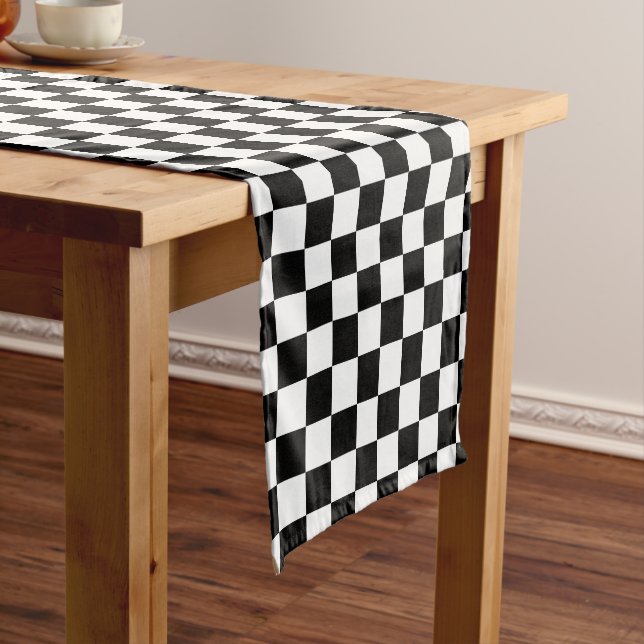 Classic black chequerboard short table runner (In Situ)