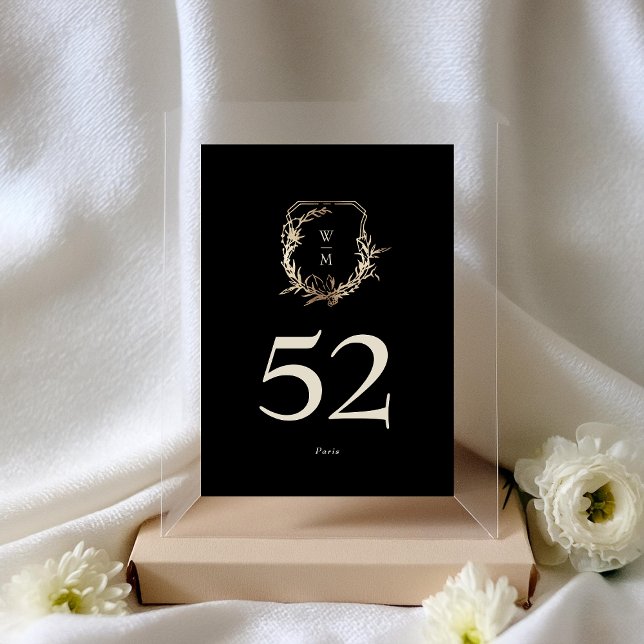 Classic Black & Cream Monogram Gold Wreath Wedding Table Number (Creator Uploaded)