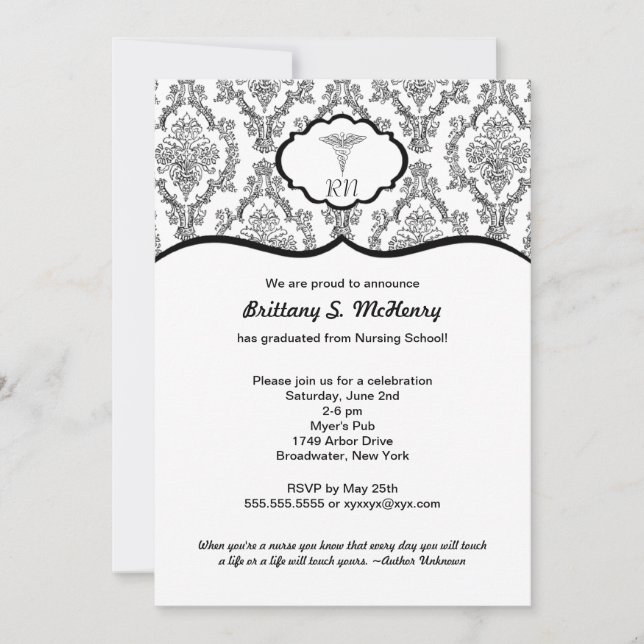 Classic Black Damask Nurse graduation RN BSN Invitation (Front)