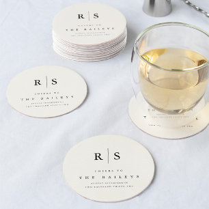 Classic Black & Ecru Monogram Wedding Bar Round Paper Coaster
