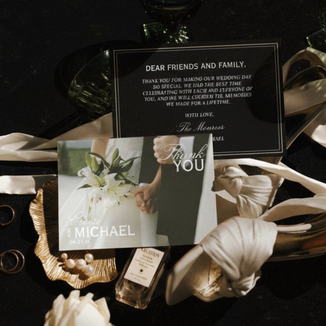 Classic Black Editorial Wedding Photo Thank You (Thank guests for celebrating your formal affair with this Classic Black Editorial Wedding Photo Card)
