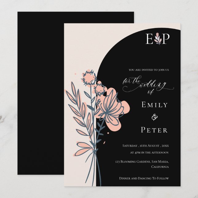 Classic Black Elegant Hand Drawn Floral Wedding Invitation (Front/Back)