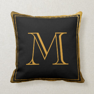 Classic Black Faux Gold Foil Monogram Throw Pillow