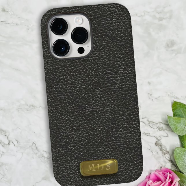 Classic Black Faux Leather Gold Monogram Case-Mate iPhone Case (A classic faux black leather look phone case with space for your initials)