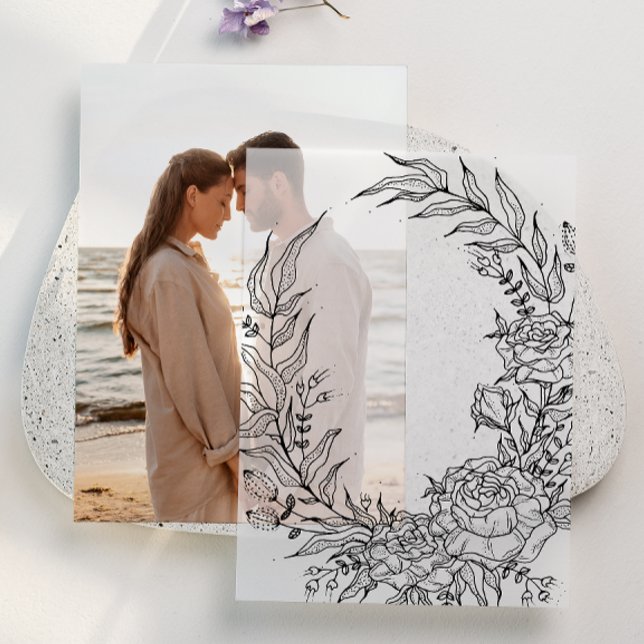 Classic Black Floral Overlay Wreath Wedding Vellum Invitations (Creator Uploaded)