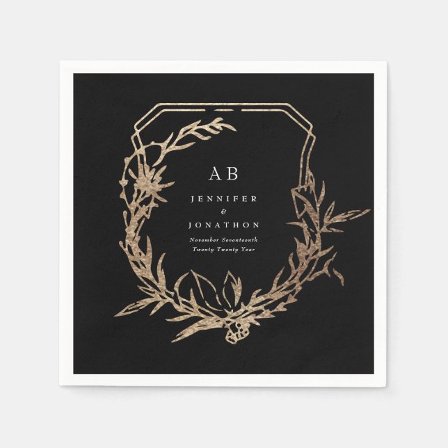 classic black florals gold motif monogram wedding napkin (Front)