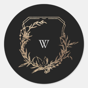 classic black gold botanical motif monogram crest classic round sticker