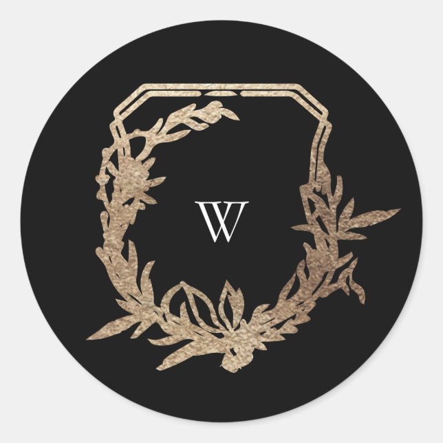 classic black gold botanical motif monogram crest round sticker (Front)