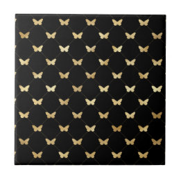 Classic Black Gold Butterflies Illustration Ceramic Tile