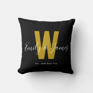 Classic Black Gold Couple Date Monogram Cushion